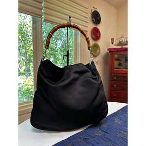 Gucci Black Nylon & Patent Leather Shoulder Bag w/ Bamboo Handle